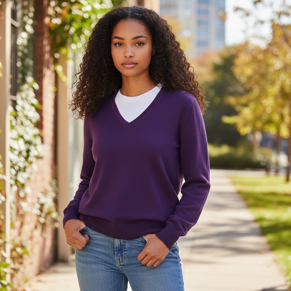 Lands End Womens Purple Supima Cotton V-Neck Sweater Size S 34-36 337930